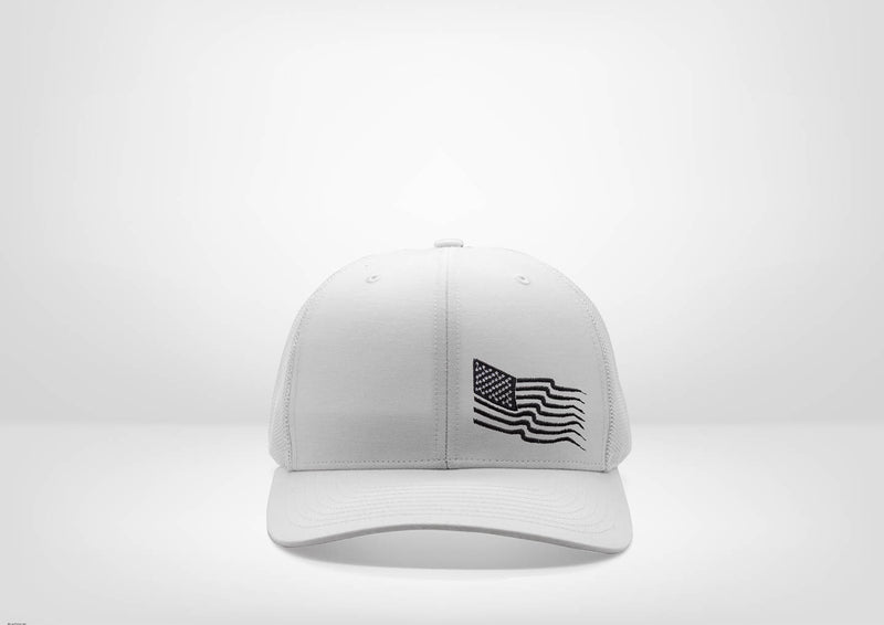 Frayed American Flag Design on a Classic Trucker Snap Back - White - Grey
