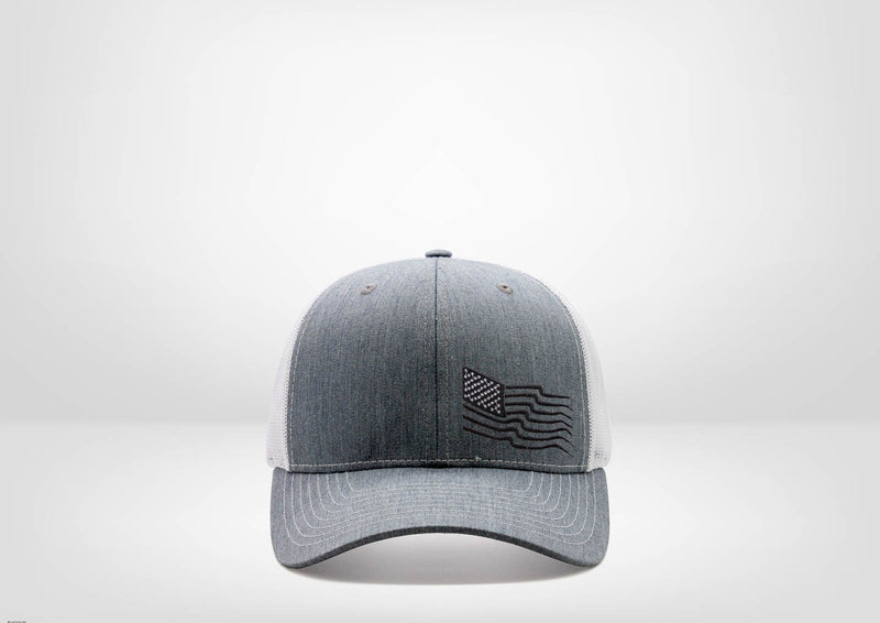 Frayed American Flag Design on a Classic Trucker Snap Back - White - Grey