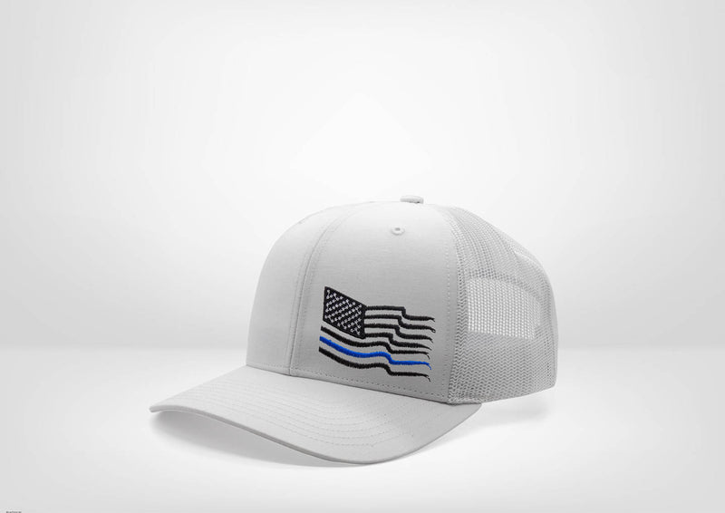 Frayed American Flag with Blue Stripe Design on a Classic Trucker Snap Back - White - Grey - Black