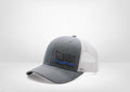 Frayed American Flag with Blue Stripe Design on a Classic Trucker Snap Back - White - Grey - Black