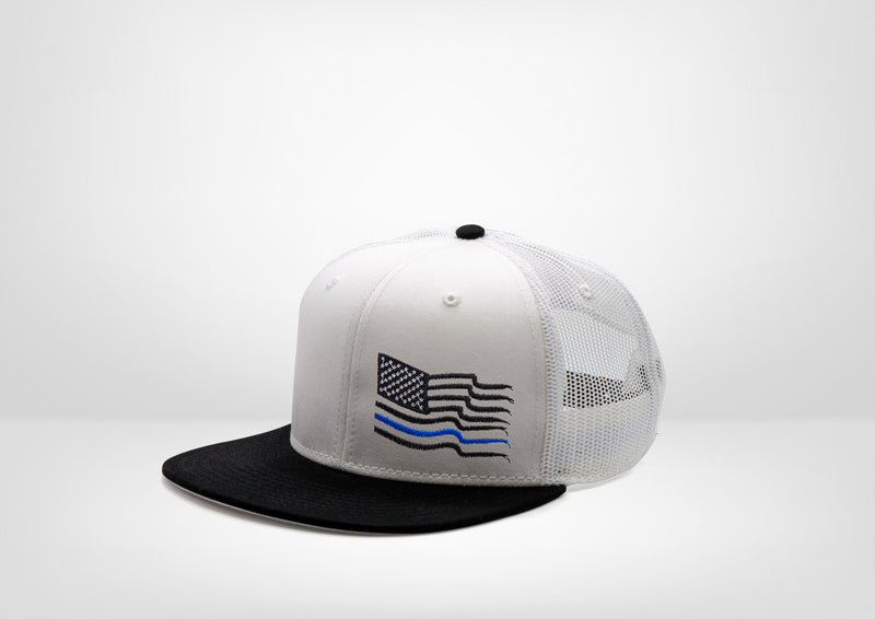 Frayed American Flag with Blue Stripe Design on a Flat Bill Trucker Snap Back - White