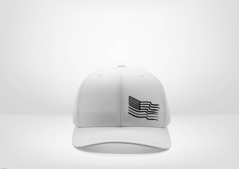 Frayed American Flag with Grey Stripe Design on a Classic Trucker Snap Back - White - Grey - Black