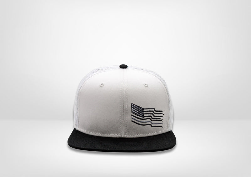 Frayed American Flag with Grey Stripe Design on a Flat Bill Trucker Snap Back - White