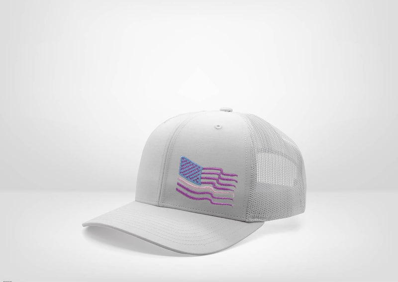 Frayed American Flag Design on a Classic Trucker Snap Back - White