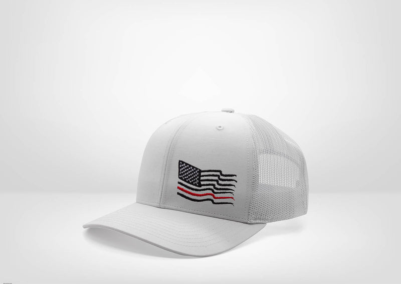 Frayed American Flag with Red Stripe Design on a Classic Trucker Snap Back - White - Grey - Black