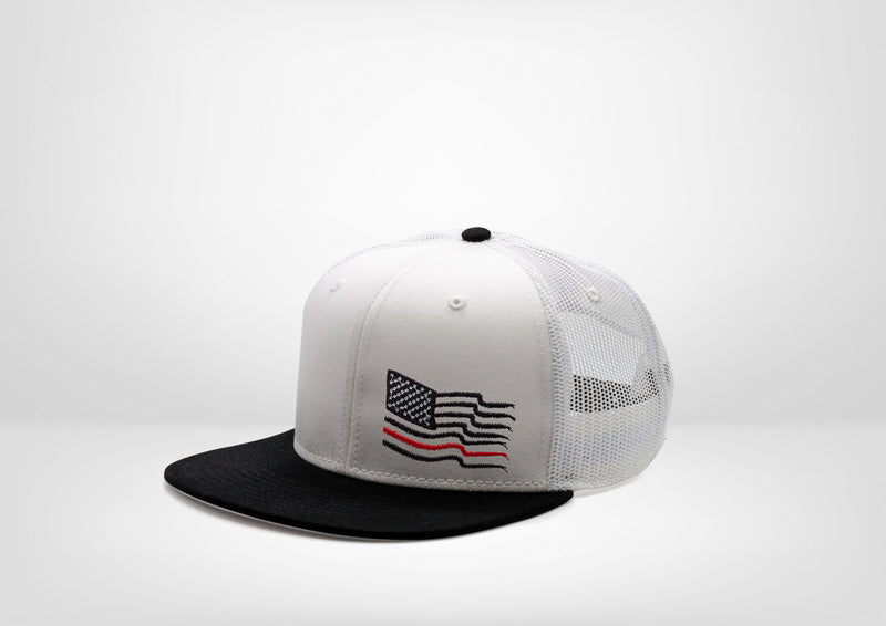 Frayed American Flag with Red Stripe Design on a Flat Bill Trucker Snap Back - White