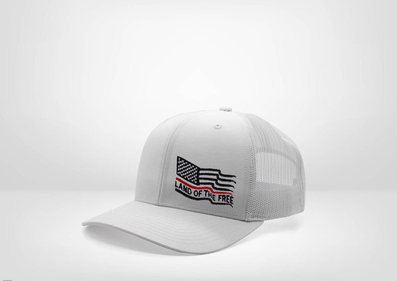 Frayed American Flag Design with Land of the Free text on a Classic Trucker Snap Back - White - Black