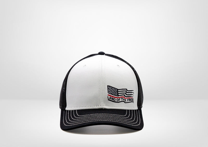 Frayed American Flag Design with Land of the Free text on a Classic Trucker Snap Back - White - Black