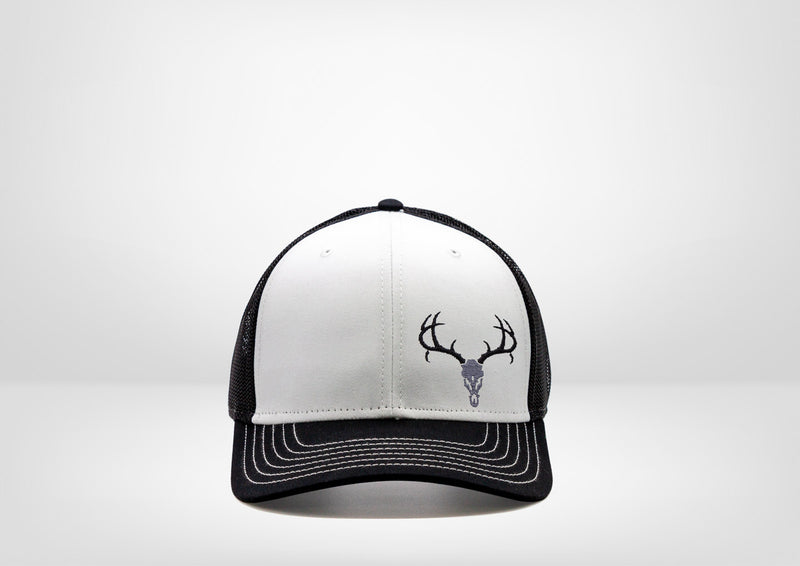 Skull Mount Deer Antlers Design on a Classic Trucker Snap Back - White - Black