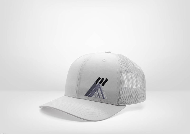 Geometric Abstract Mountains Sunrise Design on a Classic Trucker Snap Back - White - Black
