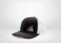 Geometric Abstract Mountains Sunrise Design on a Classic Trucker Snap Back - White - Black