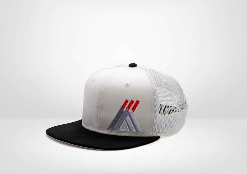Geometric Abstract Mountains Sunrise Design on a Flat Bill Trucker Snap Back - White