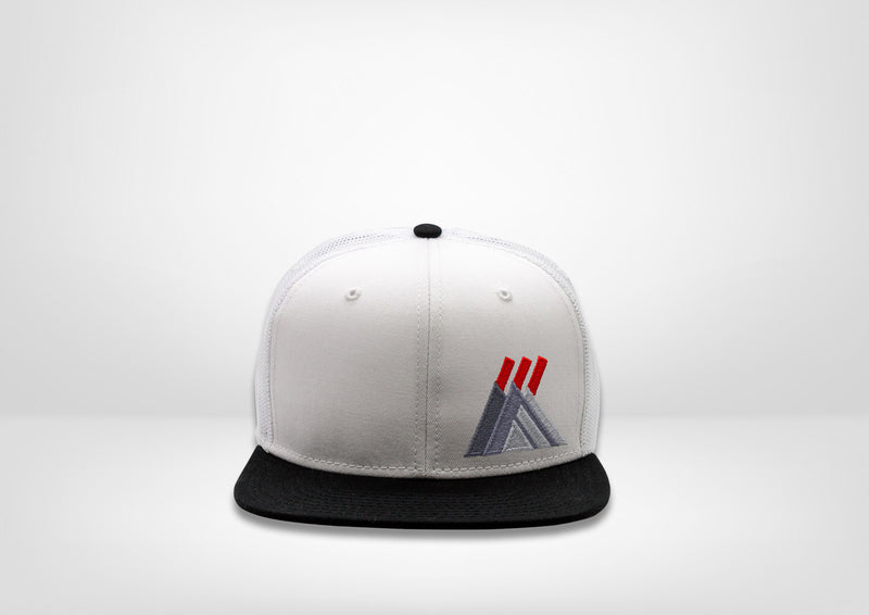 Geometric Abstract Mountains Sunrise Design on a Flat Bill Trucker Snap Back - White