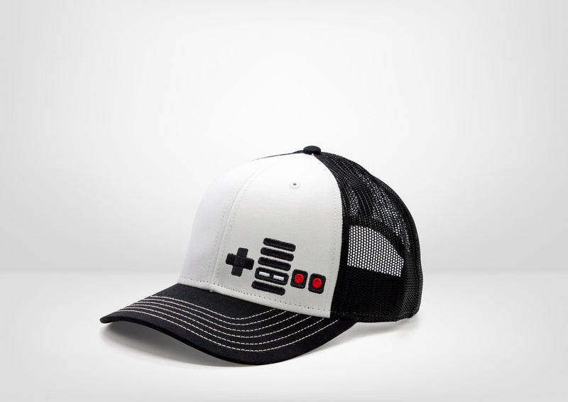 Retro Gaming System NES Controller Design on a Classic Trucker Snap Back - White - Black
