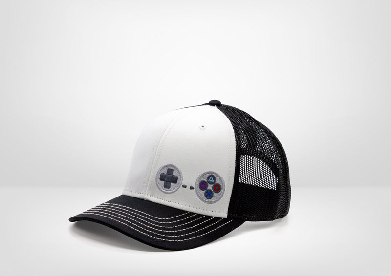 Retro Gaming System PS Controller Design on a Classic Trucker Snap Back - White - Black