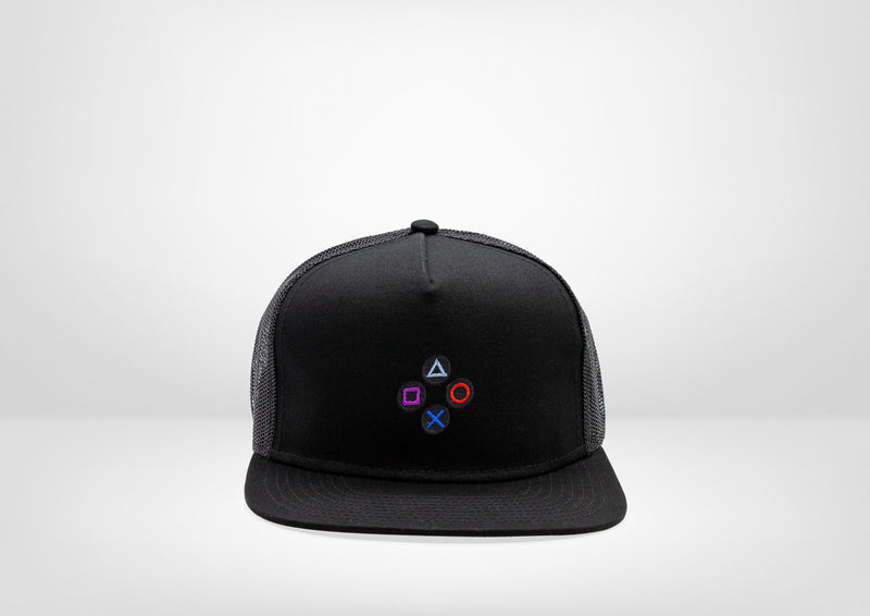 Retro Gaming System PS Controller Buttons Design on a Flat Bill Snap Back - Black