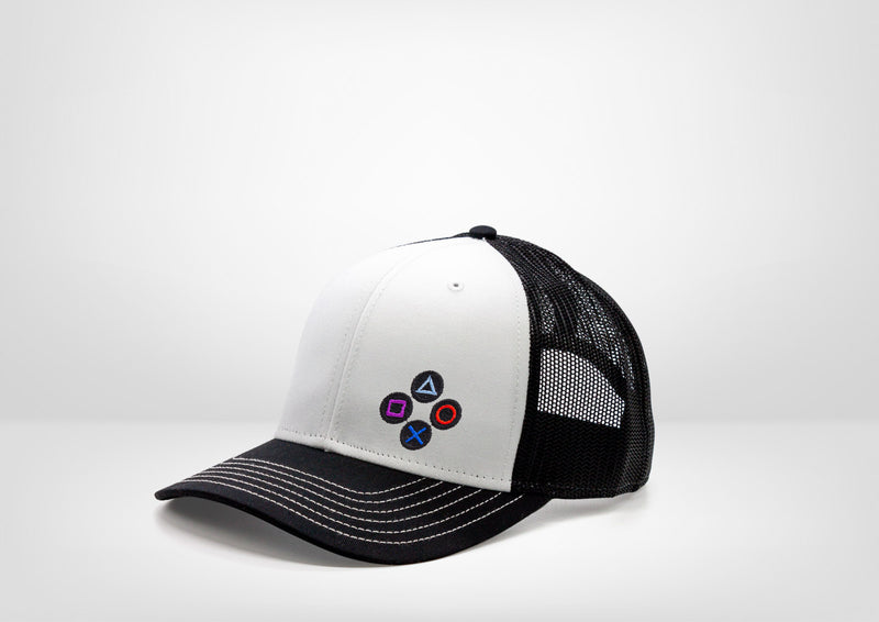 Retro Gaming System PS Controller Buttons Design on a Classic Trucker Snap Back - White - Black
