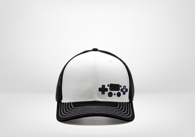 Retro Gaming System PS4 Controller Design on a Classic Trucker Snap Back - White - Black