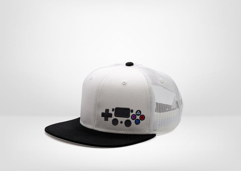 Retro Gaming System PS4 Controller Design on a Flat Bill Snap Back - White