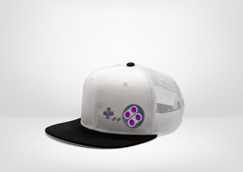 Retro Gaming System Super NES Controller Design on a Flat Bill Snap Back - White - Black