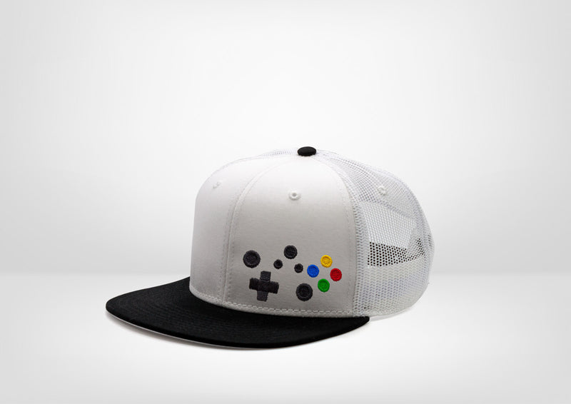Retro Gaming System XB Controller Design on a Flat Bill Trucker Snap Back - White