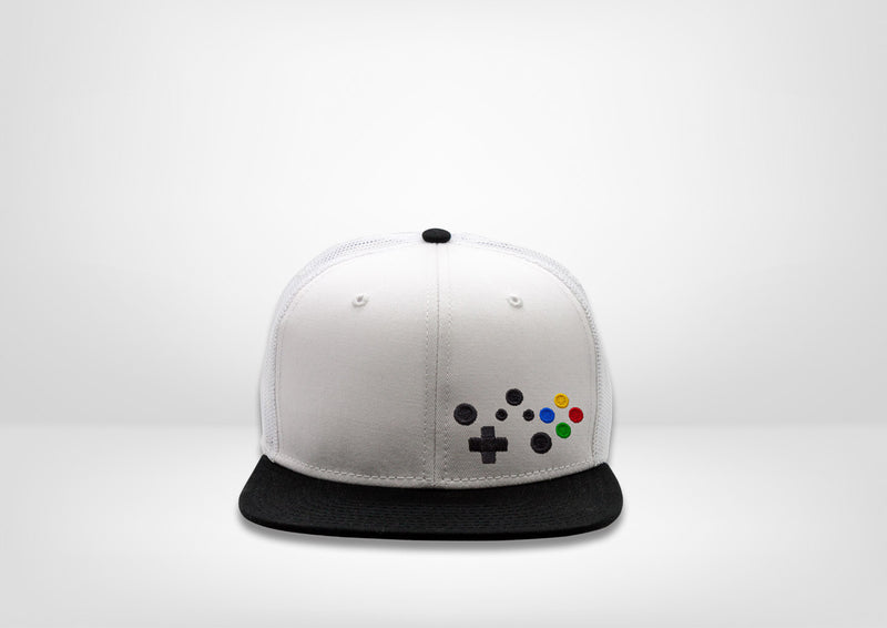 Retro Gaming System XB Controller Design on a Flat Bill Trucker Snap Back - White
