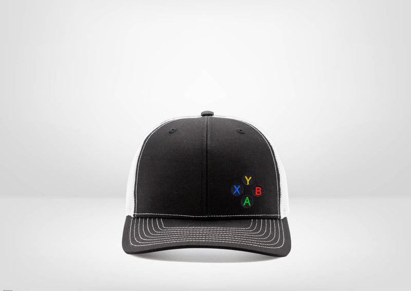 Retro Gaming System XB Buttons Design on a Classic Trucker Snap Back - White - Black