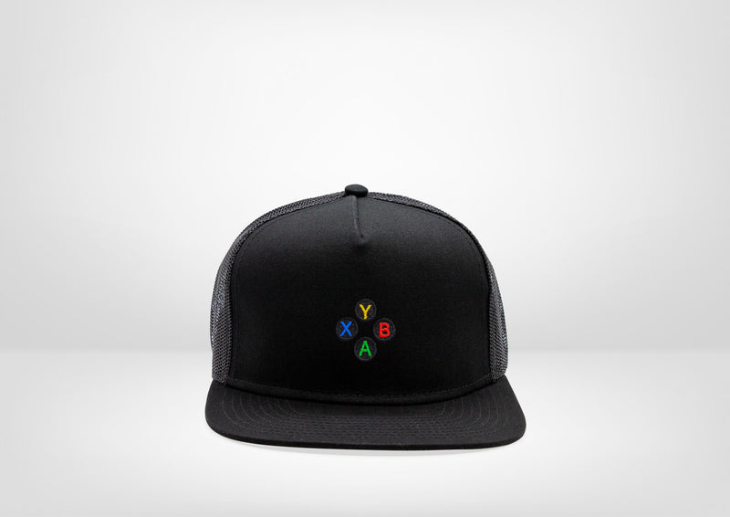 Retro Gaming System XB Buttons Design on a Classic Flat Bill Snap Back - White - Black