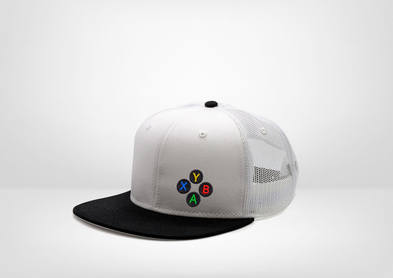 Retro Gaming System XB Buttons Design on a Classic Flat Bill Snap Back - White - Black