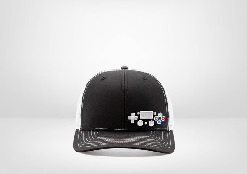 Retro Gaming System PS4 Controller Design on a Classic Trucker Snap Back - White - Black