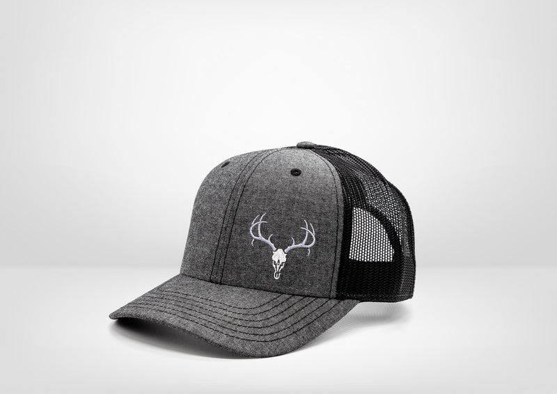 Skull Mount Deer Antlers Design on a Classic Trucker Snap Back - White - Black