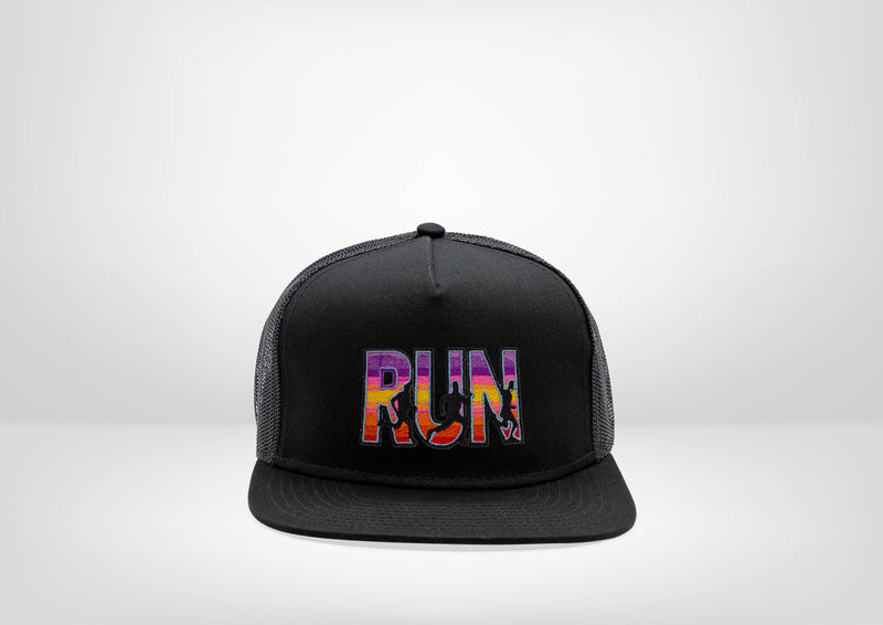 Run with Runners Design on a Flat Bill Trucker Snap Back - White
