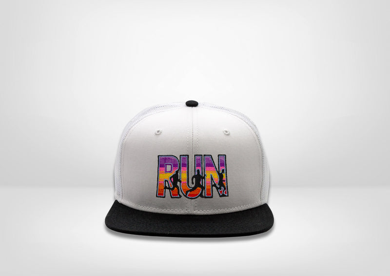 Run with Runners Design on a Flat Bill Trucker Snap Back - White