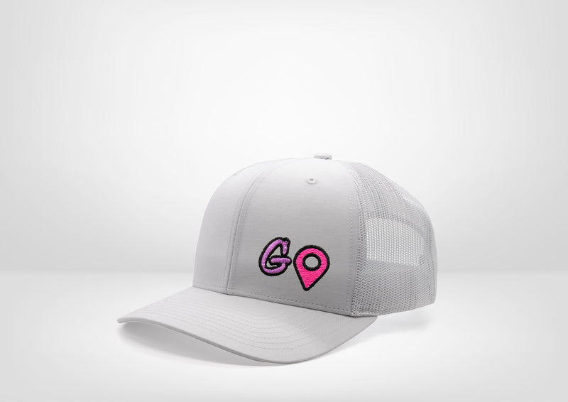 Just GO Design on a Classic Trucker Snap Back - White - Grey