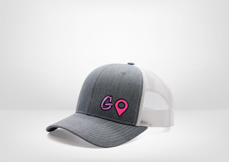 Just GO Design on a Classic Trucker Snap Back - White - Grey