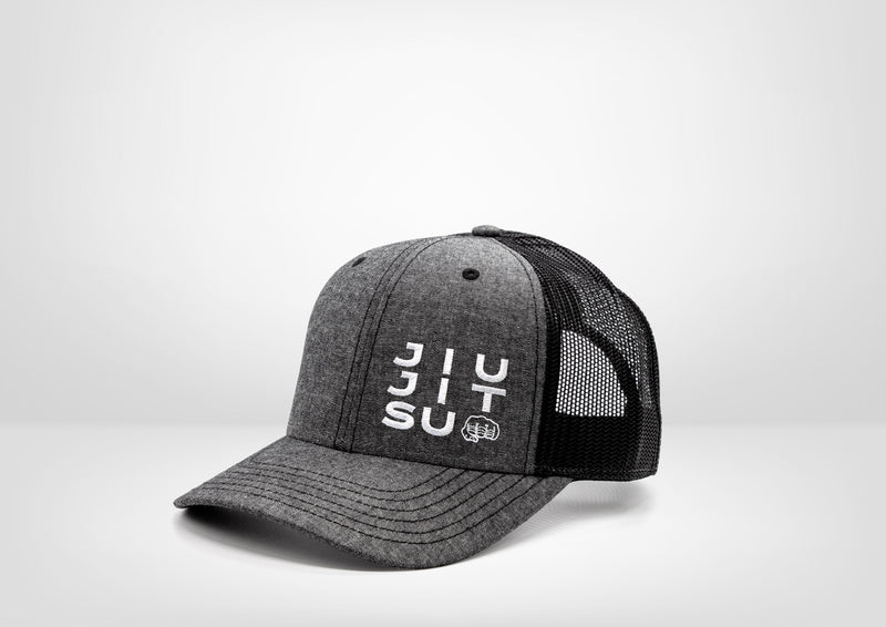 BJJ Fist Bump Design by Legitsu Apparel on Lower Left of a Classic Trucker Snap Back Hat
