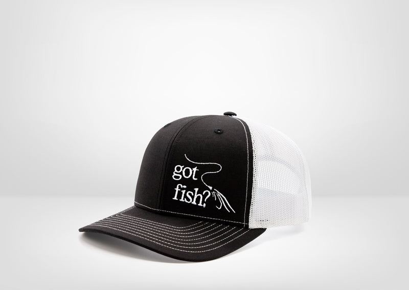 Got Fish? Design on a Classic Trucker Snap Back - White - Black
