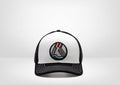 Geometric Mountains Patch Design on a Classic Trucker Snap Back - Black - White - Gray