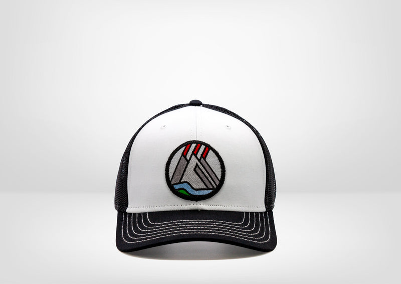 Geometric Mountains Patch Design on a Classic Trucker Snap Back - Black - White - Gray