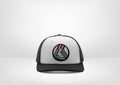 Geometric Mountains Patch on a Ponytail Trucker Snap Back - Blue - Grey - White - Black