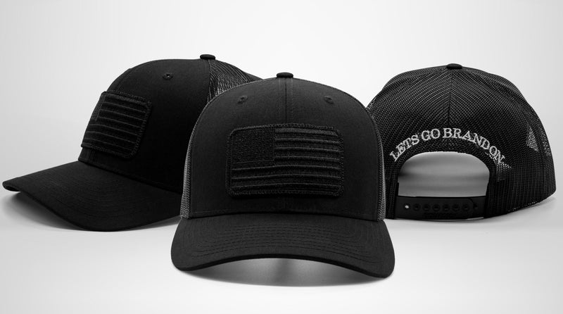 Let's Go Brandon All Black American Flag Patch Sewn on Classic Trucker Mesh Snap Back Hat