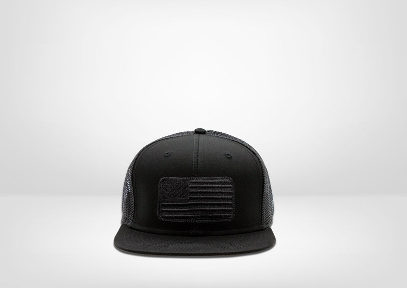 Black American Flag Patch on Flat Bill Style Mesh Snap Back Hat - USA SnapBack Cap Crafted in and ships from USA
