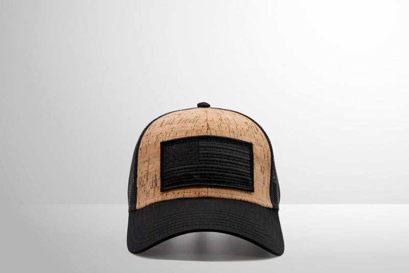 Black American Flag Patch on Classic Trucker Style Mesh Snap Back Hat - USA SnapBack Cap Crafted in and ships from USA