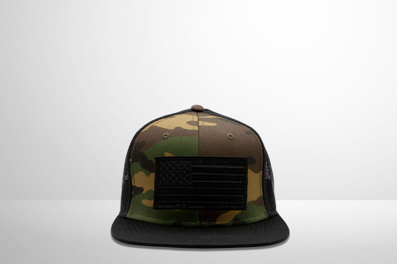 Black American Flag Patch on Flat Bill Style Mesh Snap Back Hat - USA SnapBack Cap Crafted in and ships from USA