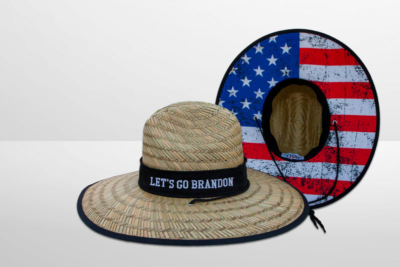 Large Straw Lifeguard Hat with American Flag Under brim and Let's Go Brandon Headband