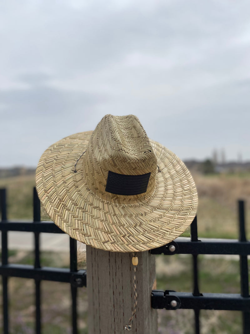 Large Straw Summer Sun Hat with All Black American Flag Patch - Great for Fishing Gardening or going to the Beach Women's Hat and Men's Hat